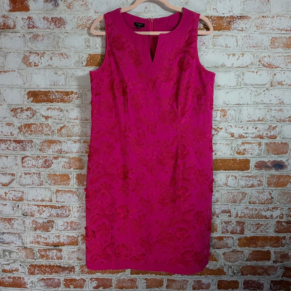 Talbots Embroidered Shift Dress Womens 10P Pink Floral‎ Sleeveless Cotton Lined